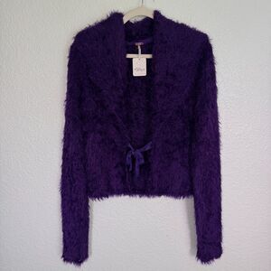 Free People Cardigan Womens Medium Mina Fuzzy Sequin Knit Sweater Tie Front Soft